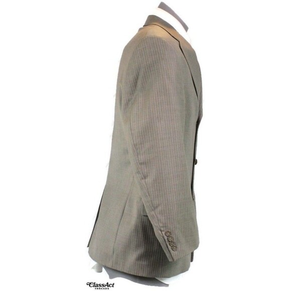 Austin Reed Mens 2 Piece Suit Tan Striped 3 Btn Wool 40R Pleated Fronts 34" W - Picture 7 of 10